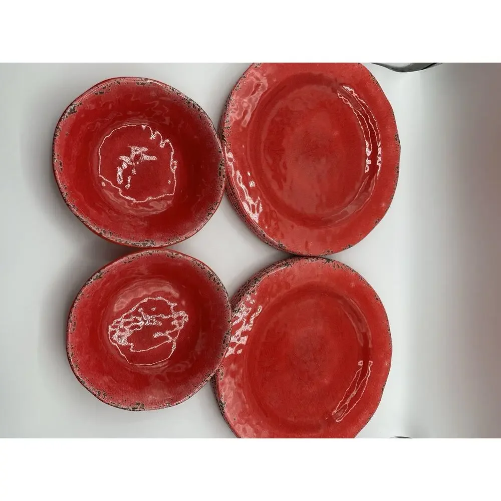 Pier 1 Carmelo Red Melamine Dinnerware Set 10 Pc 11” Plates 7” Bowls Rare